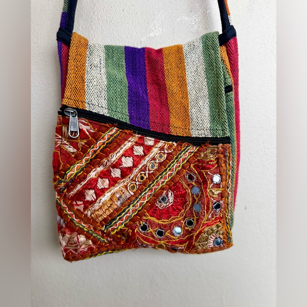 Windhorse Crossbody Purse Cotton Multicolor Boho/Stripes Nepal 8”L X 10”H X 3”W
